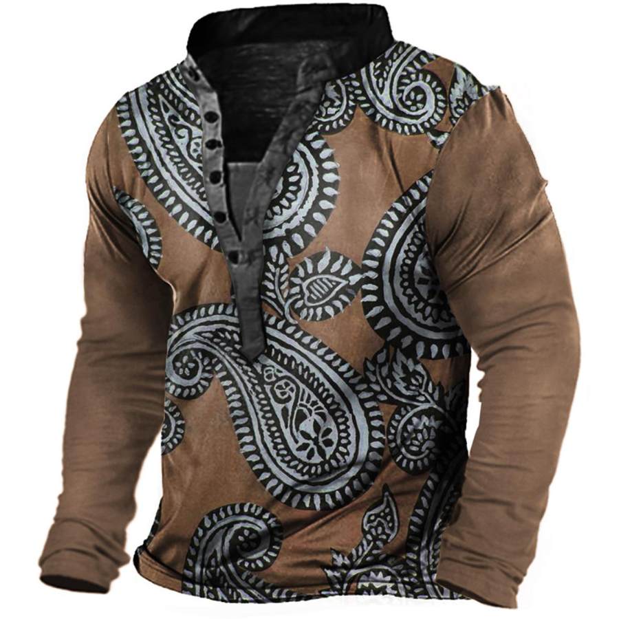 

Men's Vintage Paisley Print Henley Long Sleeve T-Shirt