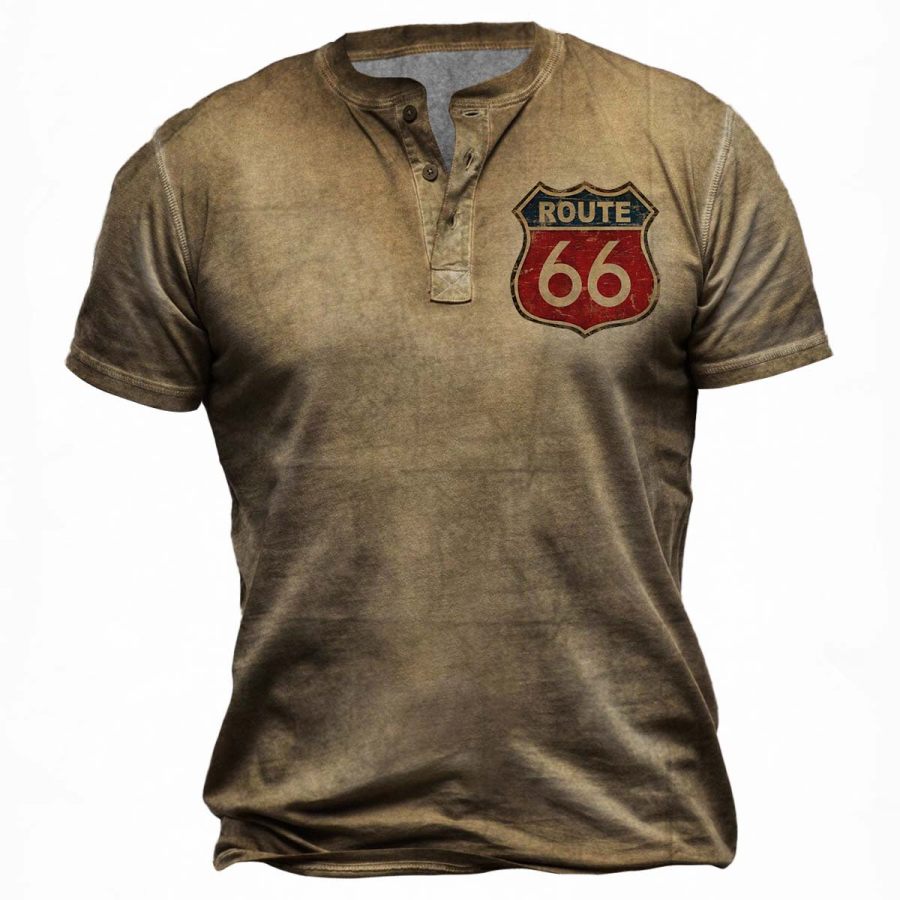 

Men's Vintage Route 66 Print Henley T-Shirt