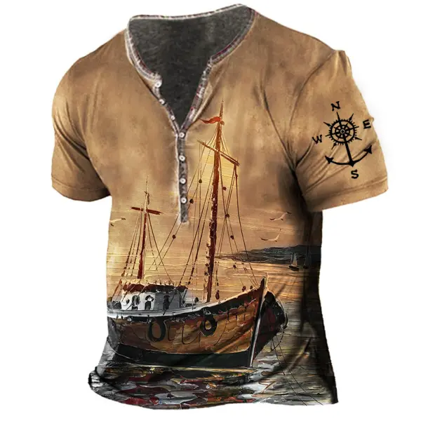 Men's Outdoor Sailing Boat Anchor Print Henley T-Shirt - Sanhive.com 