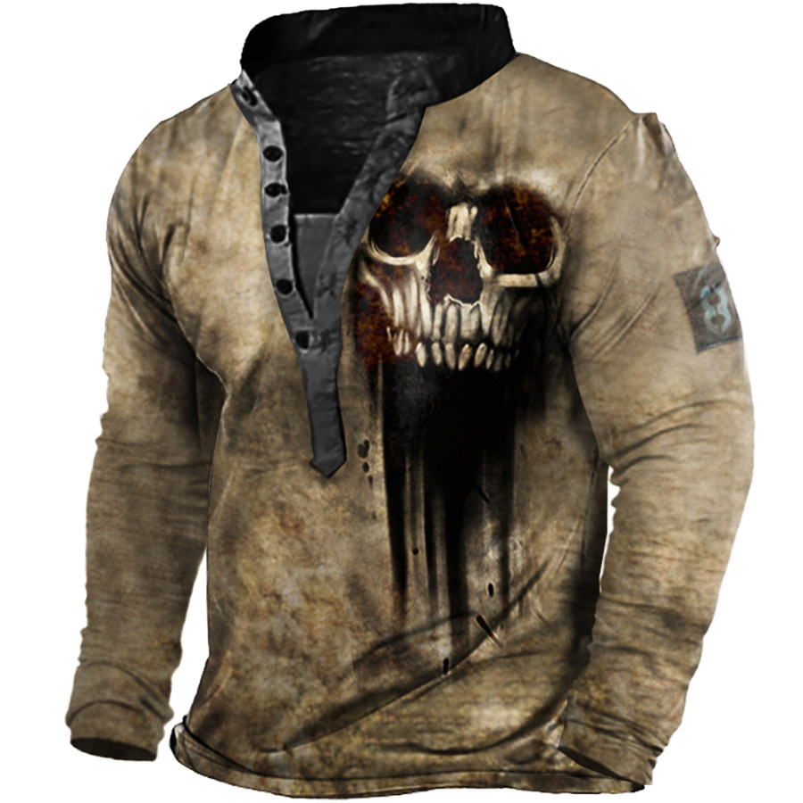 

Men's Vintage Skull Print Henley Collar Long Sleeve T-Shirt