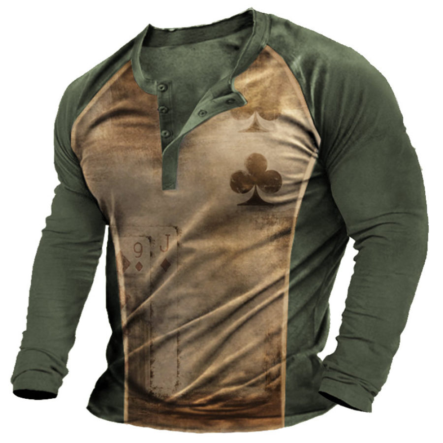 

Men's Plum Print Contrast Patchwork Long Sleeve Henley T-Shirt