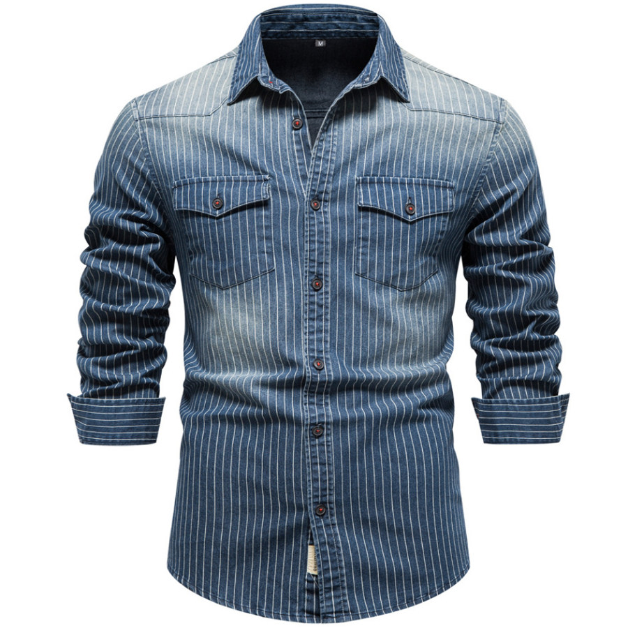 

Men's Vintage Washed Distressed Striped Long Sleeve Denim Shirt