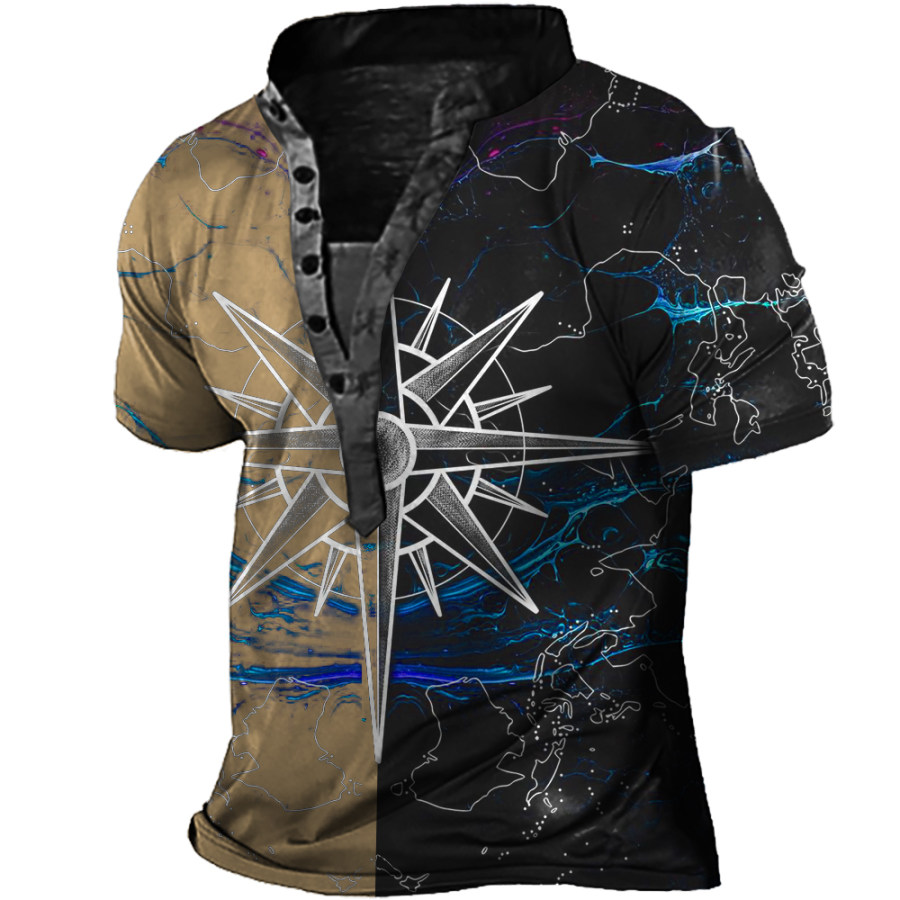 

Men's Compass Print Henley Collar T-Shirt