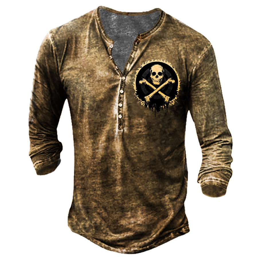 

Men's Pirate Skull Vintage Print Long Sleeve Henley Collar T-Shirt