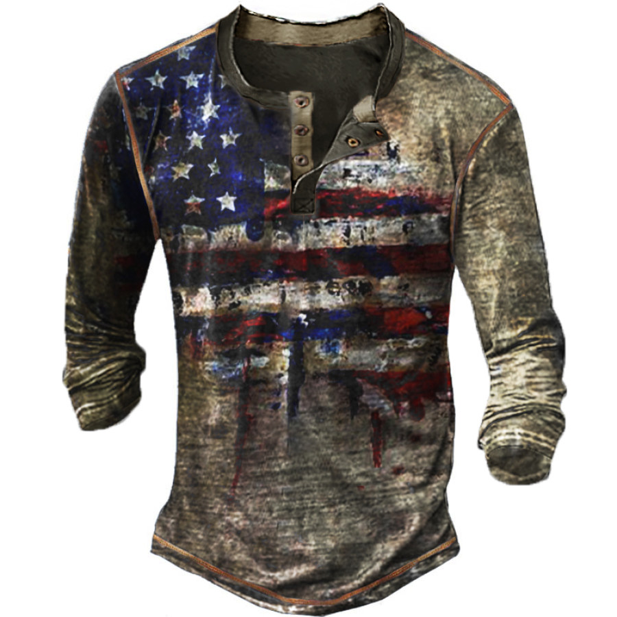 

Mens American Flag Print Long Sleeve Quick-Drying Henley Shirt