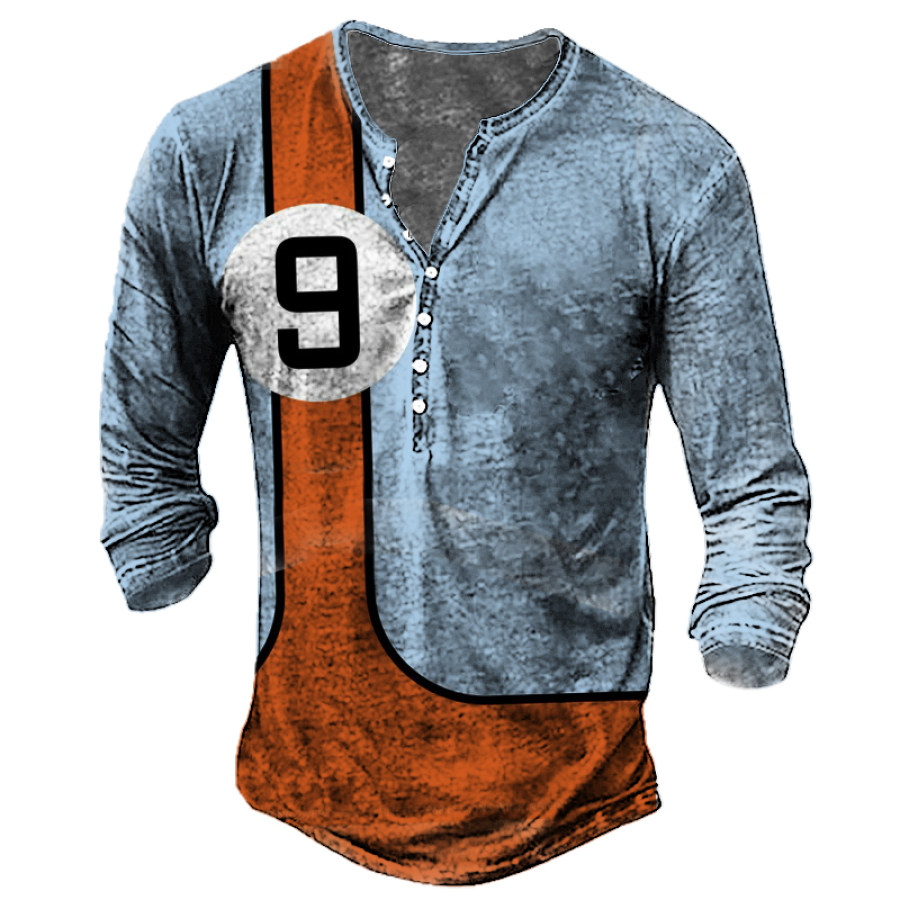 

Men's Vintage Racing Stripe Print Long Sleeve Henley Collar T-Shirt