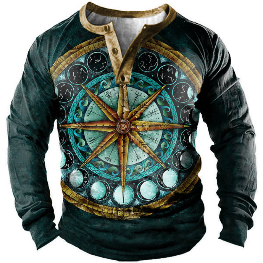 

Men's Vintage Compass Print Henley Long Sleeve T-Shirt