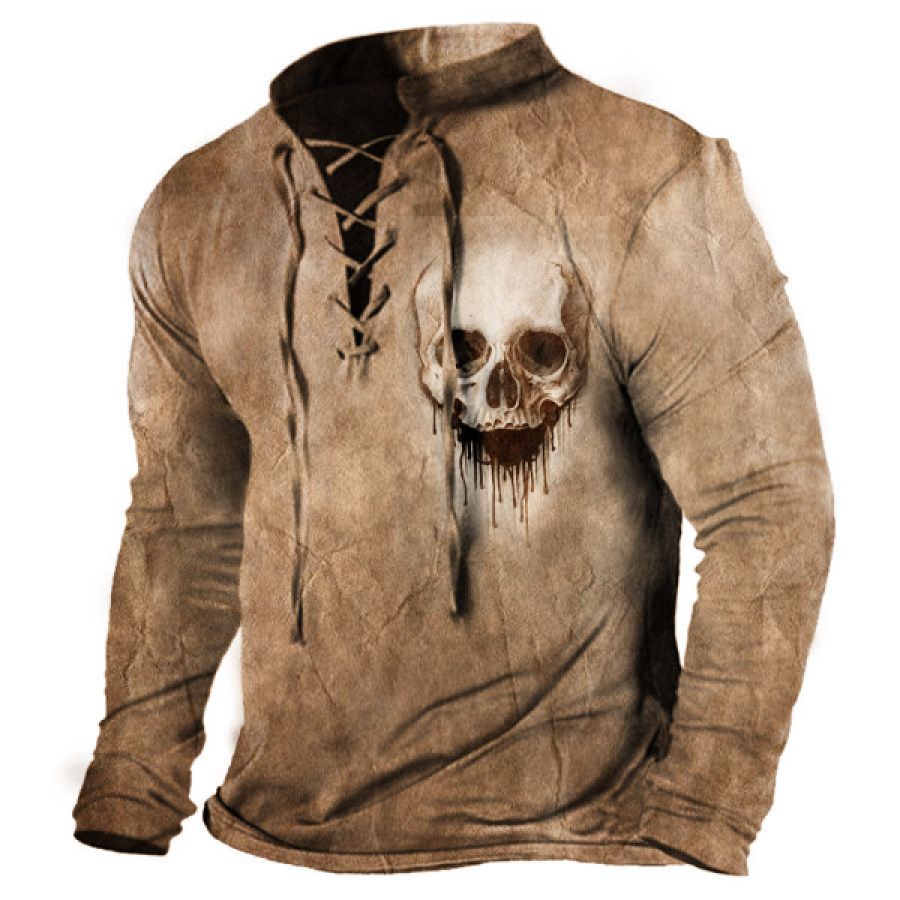 

Men's Vintage Skull Print Cross Neck Long Sleeve T-Shirt