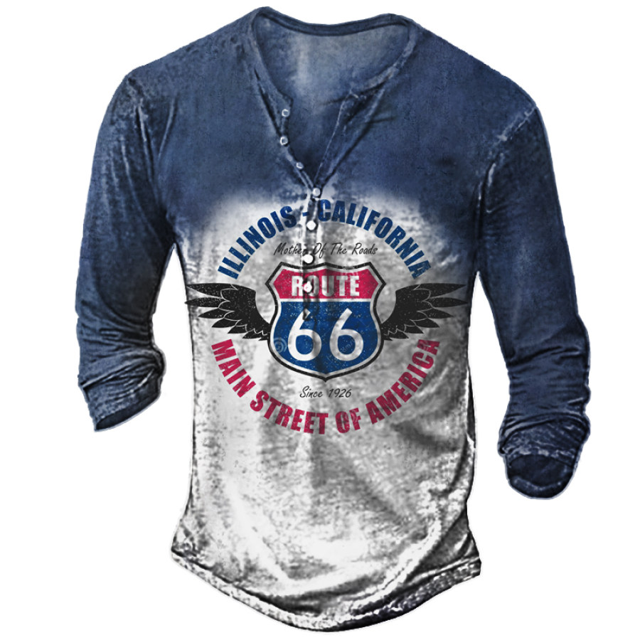

Route 66 Vintage Print Men's Long Sleeve Henley Shirt T-Shirt