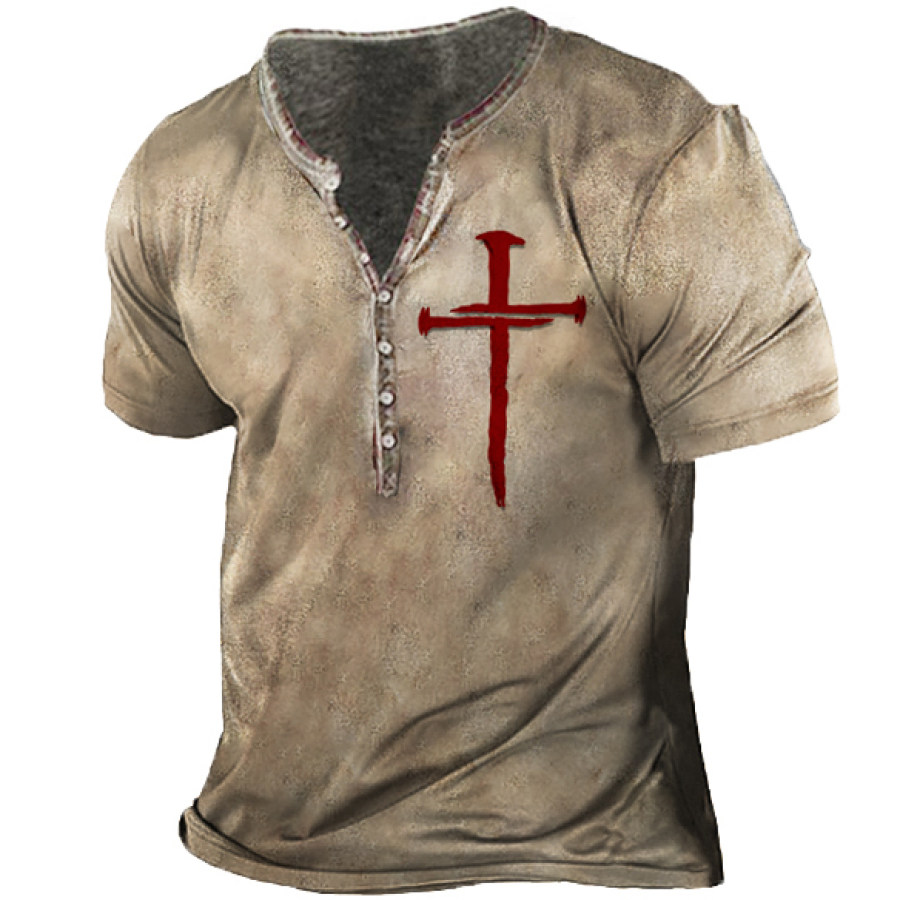 

Men's Vintage Jesus Cross Short Sleeve Henley Shirt
