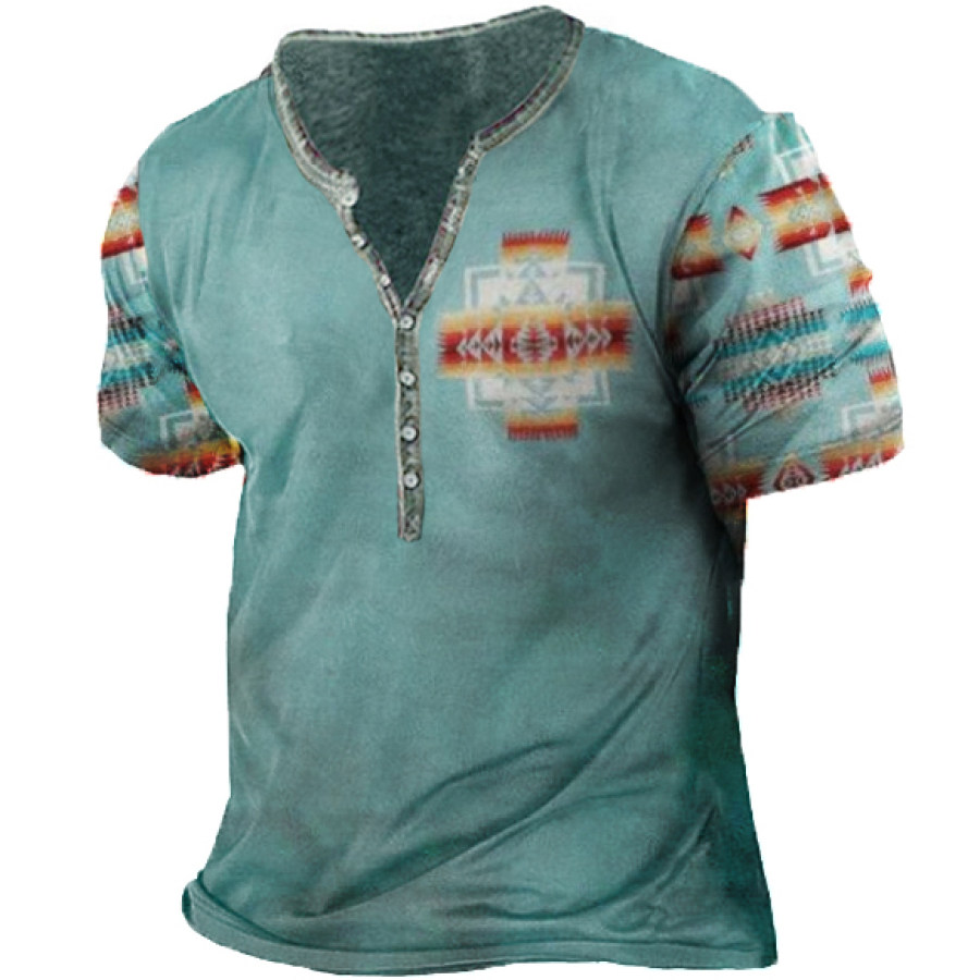 

Men's Vintage Ethnic Print Short Sleeve Henley Shirt