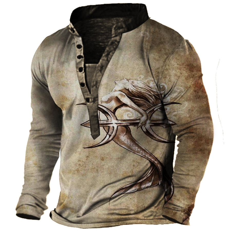 

Vintage Mermaid Legend Print Men's Outdoor Vacation Henley Long Sleeve T-Shirt