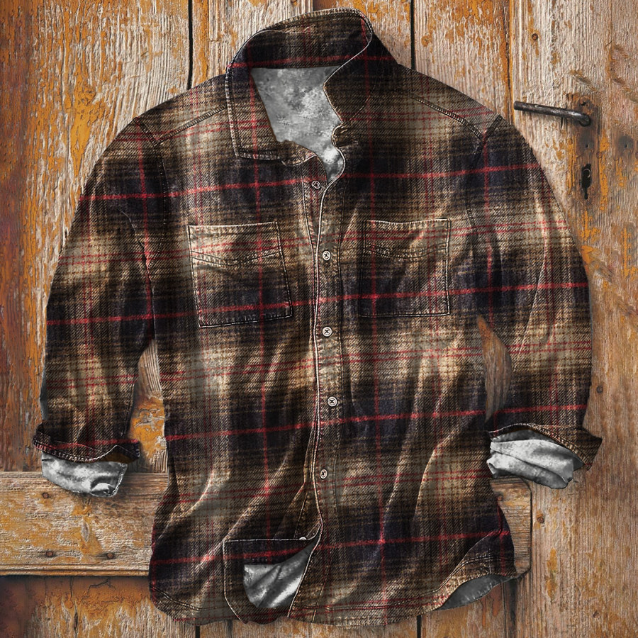 

Men's Vintage Plaid Print Chest Pocket Long Sleeve Shirt