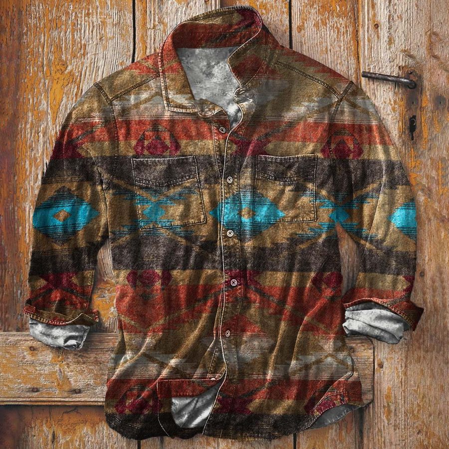 

Men's Vintage Ethnic Print Chest Pocket Long Sleeve Shirt