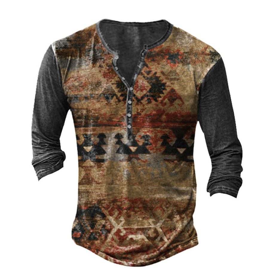 

Men's Vintage Western Ethnic Print Henley T-Shirt