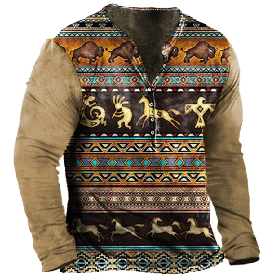 

Men's Outdoor Vintage Western Aztec Henley Collar Long Sleeve T-shirt