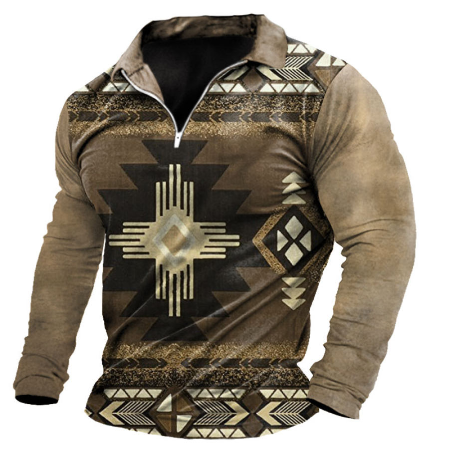 

Men's Vintage Western Ethnic Print Polo Neck T-Shirt