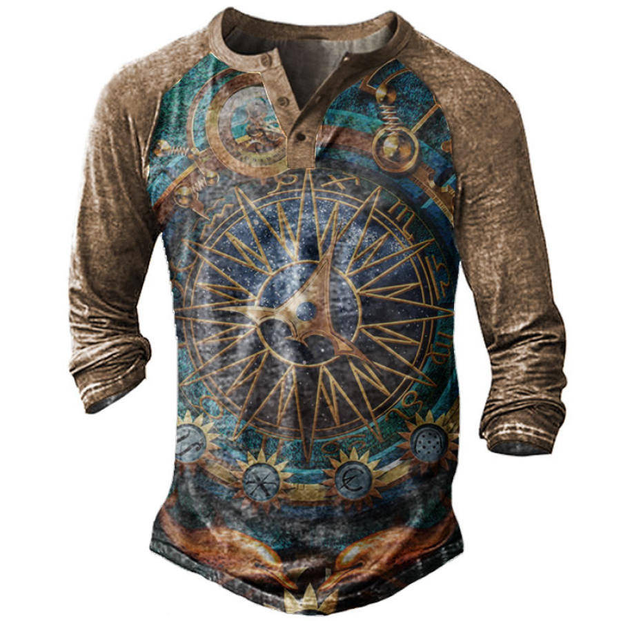 

Men's Vintage Nautical Compass Print Long Sleeve Henley T-Shirt
