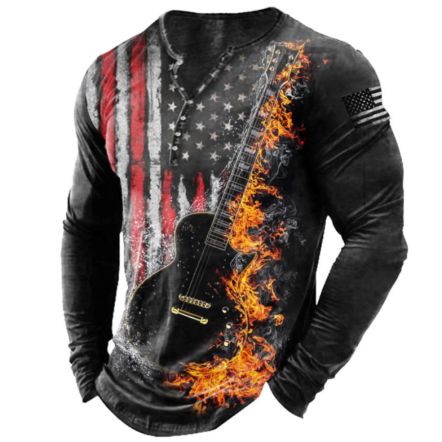 

Men's Rock Guitar American Flag Graphic Print Henry T-Shirt