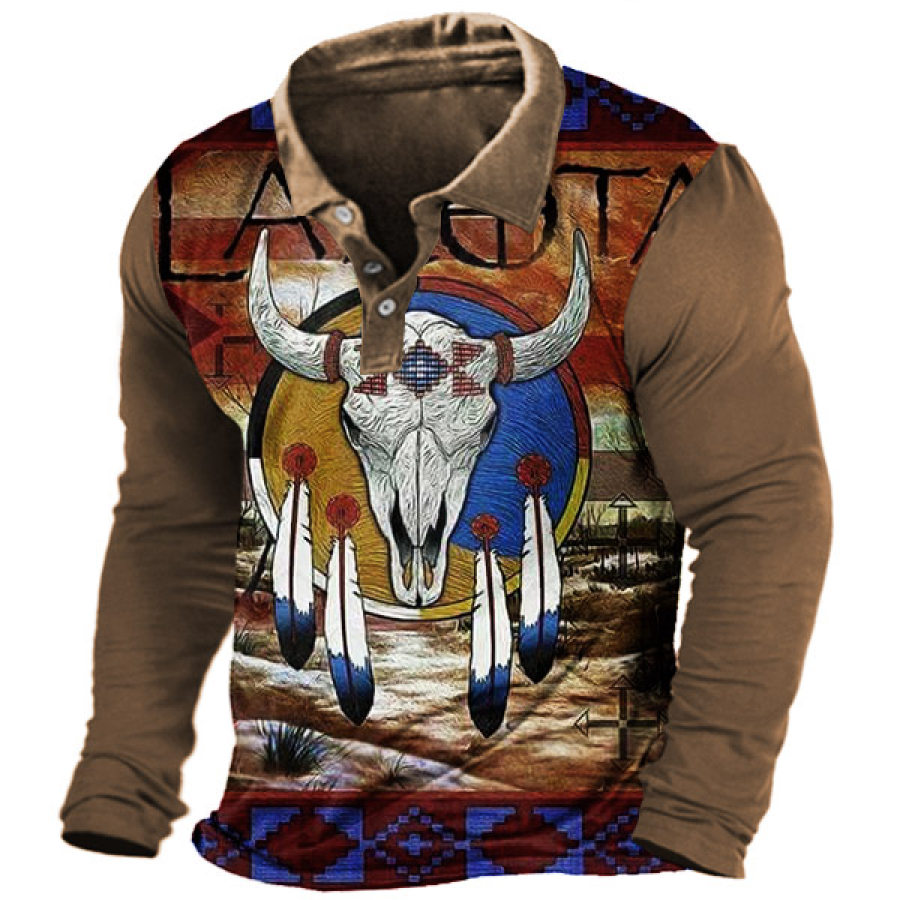 

Men's Ethnic Geometric Animal Print Polo Long Sleeve T-Shirt