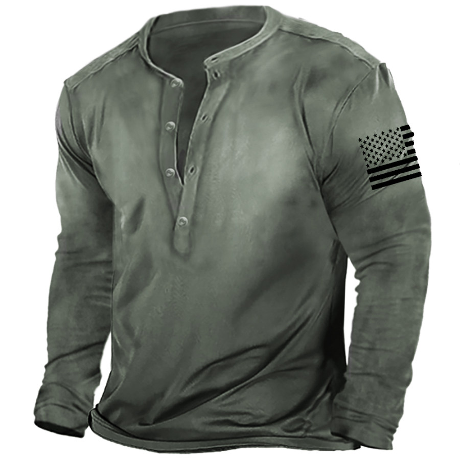 

Men's American Flag Print Vintage Henley Collar Long Sleeve T-Shirt
