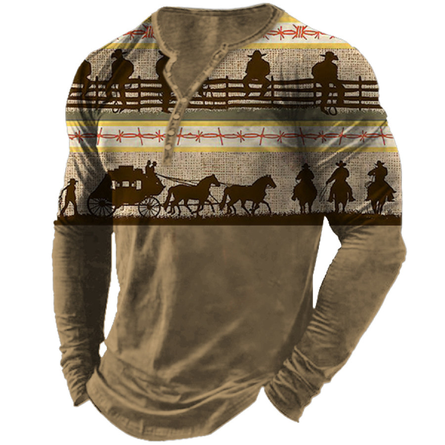 

Men's Vintage Western Cowboy Print Henley Collar Long Sleeves T-shirt