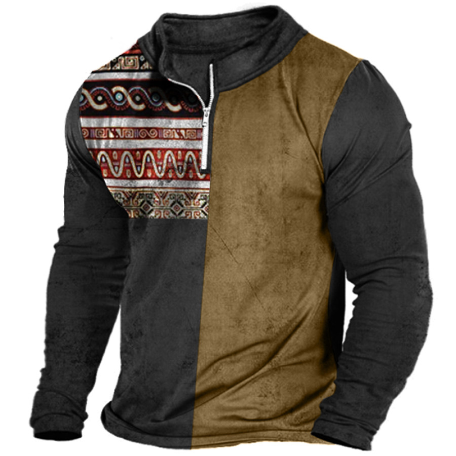 

Men's Zip Vintage Ethnic Totem Print T-Shirt