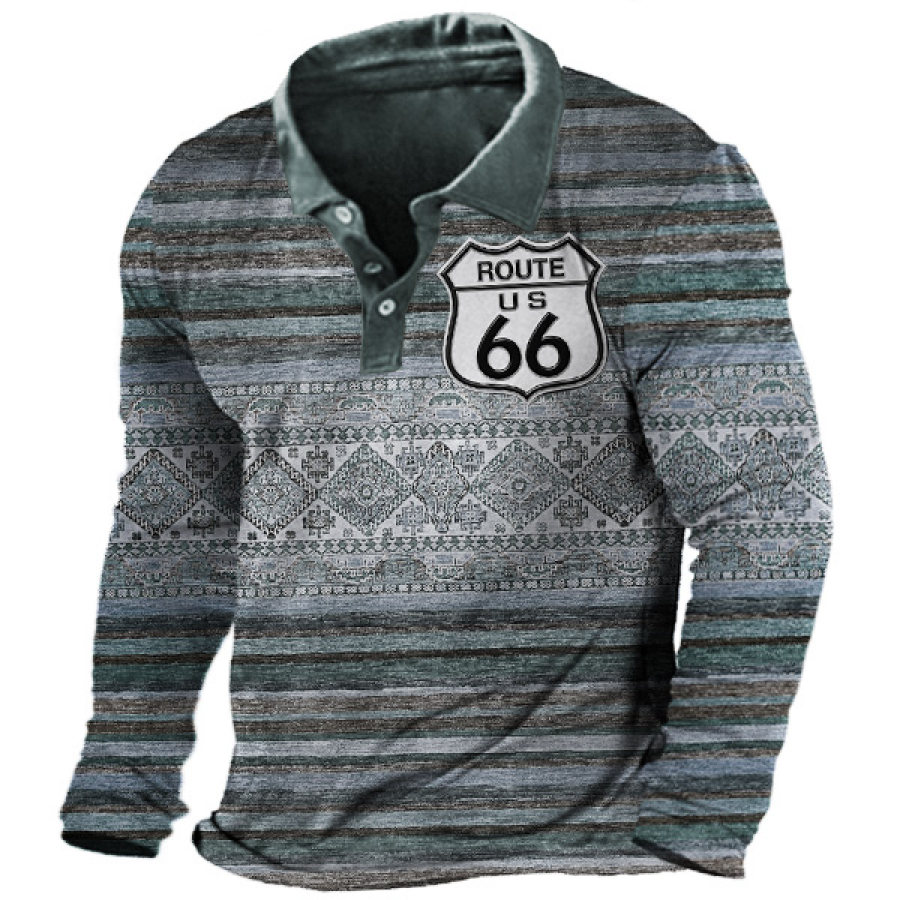 

Men's Ethnic Geometric Route 66 Print Polo Long Sleeve T-Shirt