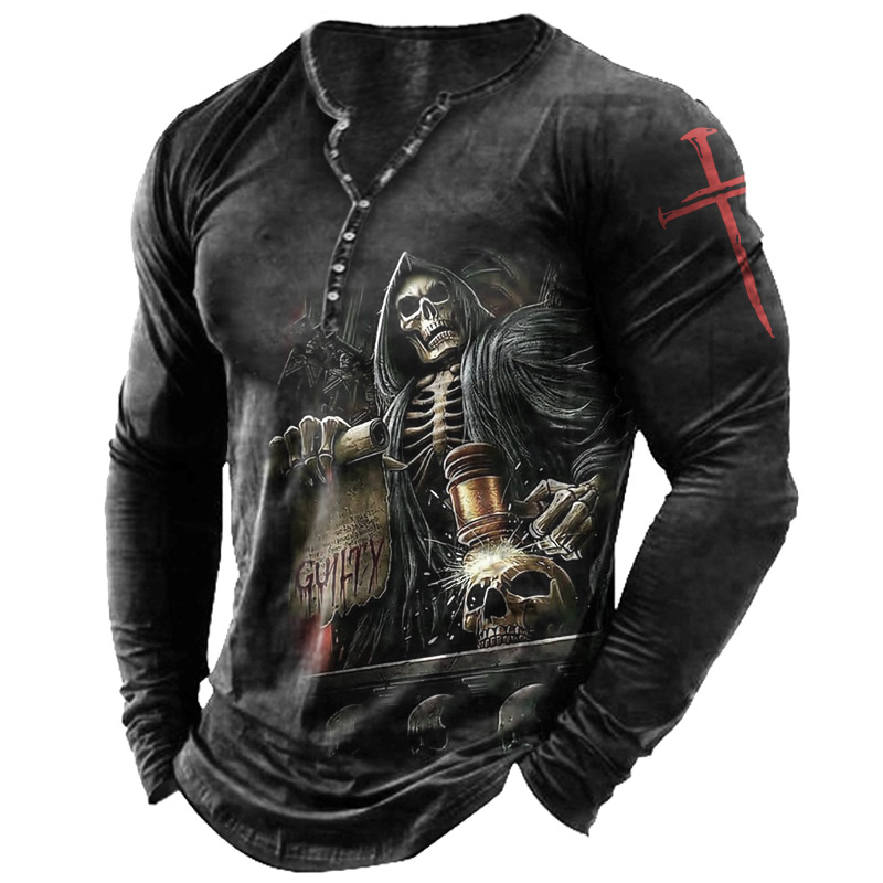 Men's Diablo Skull And Chic Cross Graphic Print Henry T-shirt