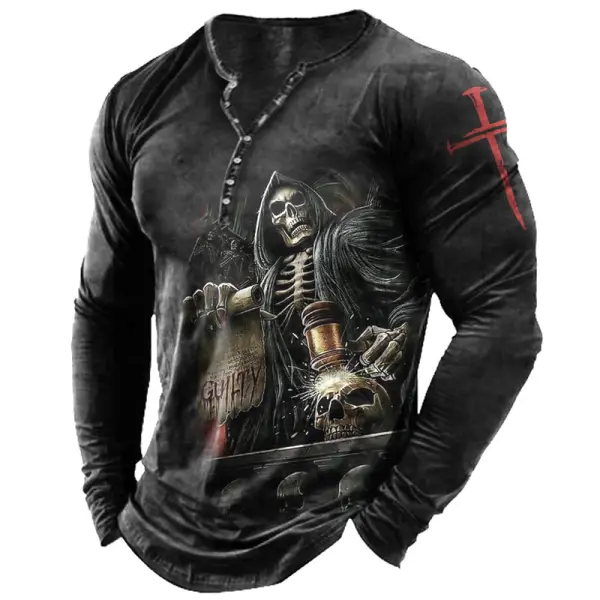 Men's Diablo Skull And Cross Graphic Print Henry T-Shirt - Kalesafe.com 