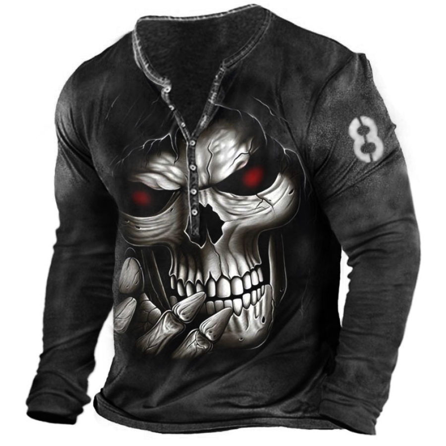 

Men's Skull Print Henley Long Sleeve T-Shirt