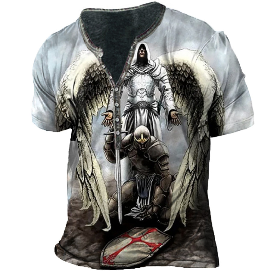 

Men's Vintage Archangel Protector Short Sleeve Henley T-Shirt