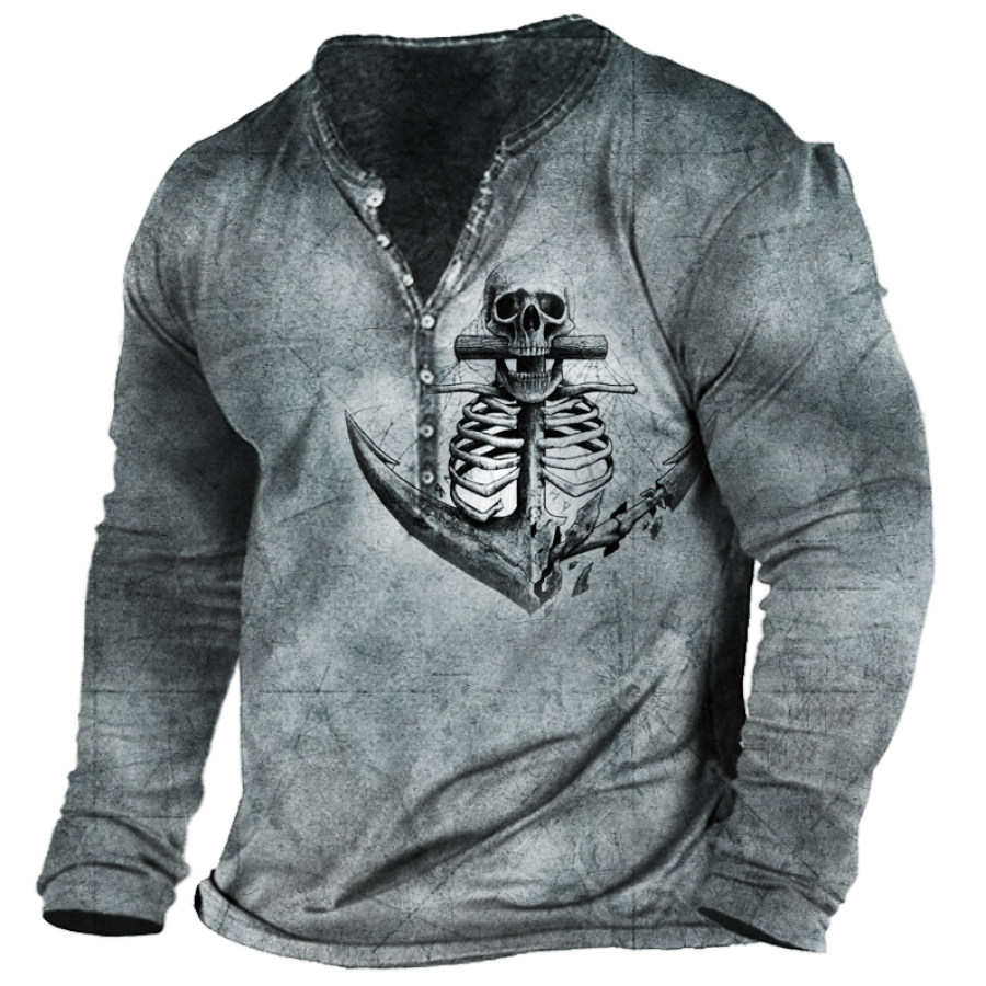 

Nautical Anchor Skull Vintage Print Men's Henley Long Sleeve T-Shirt