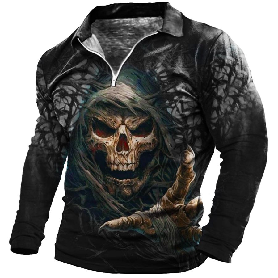 

Men's Outdoor Skull Zip Polo Long Sleeve T-Shirt