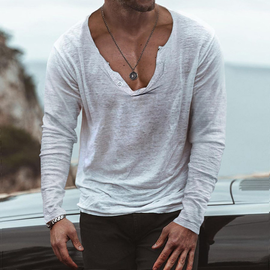 

Men's Casual V-Neck Long Sleeve Cotton T-Shirt