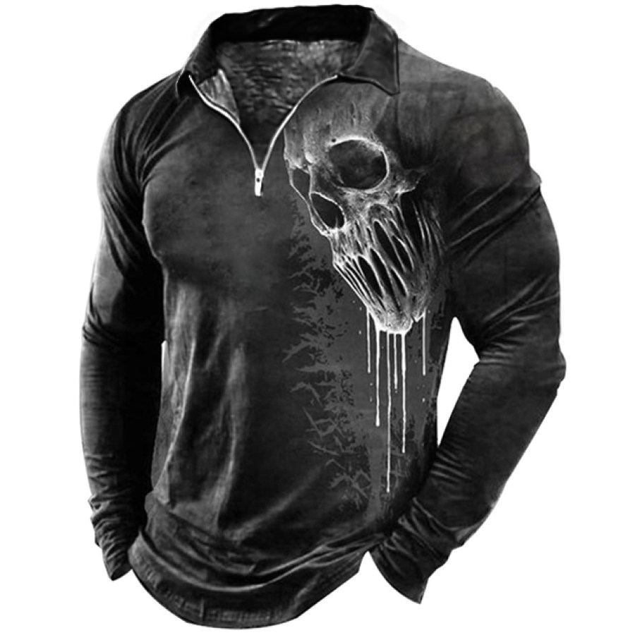 

Men's Outdoor Retro Skull Head Zip Polo Neck T-Shirt