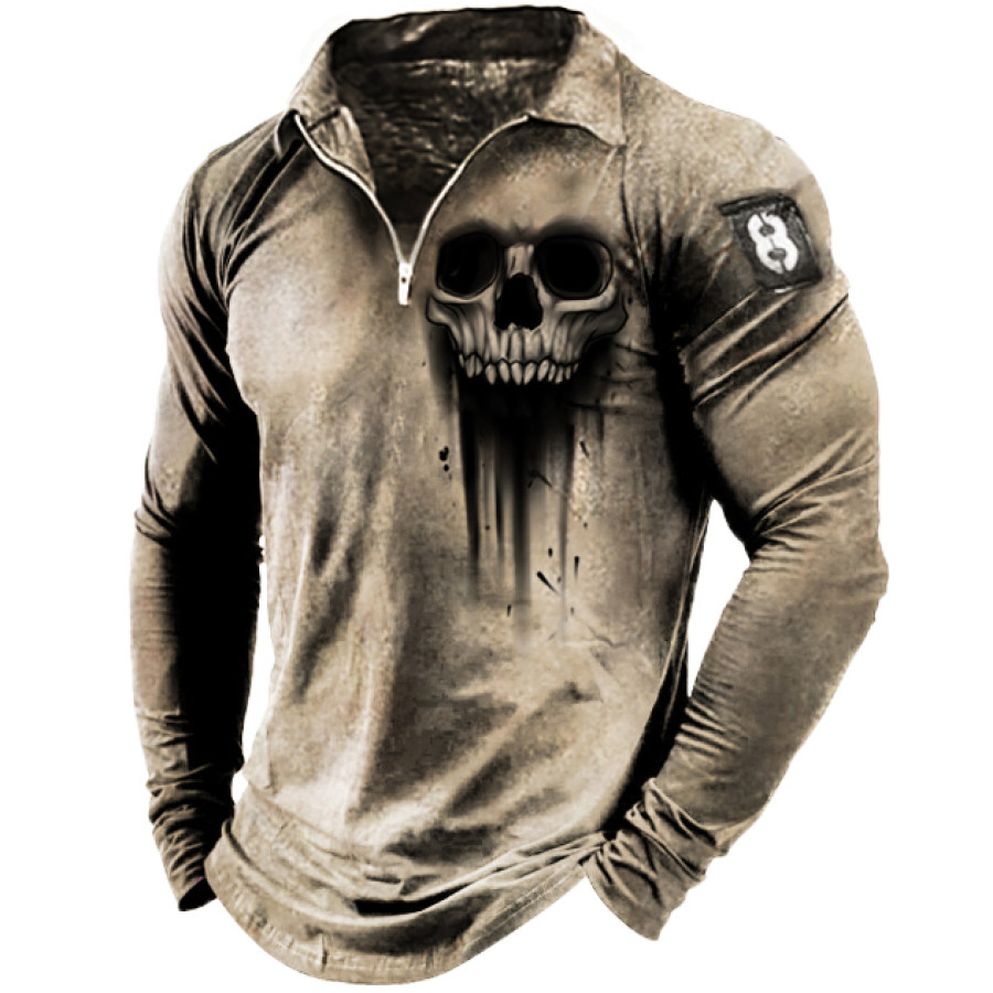 

Men's Vintage Skull Long Sleeve Zip Polo Neck T-Shirt