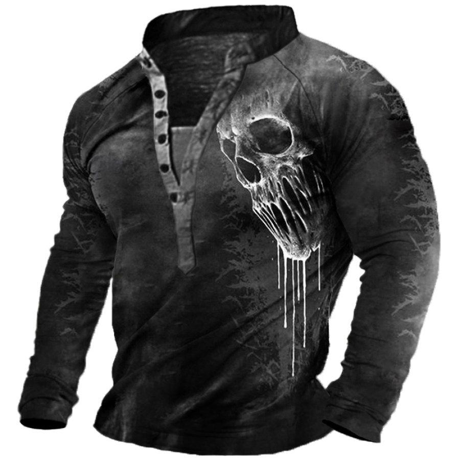 

Men's Outdoor Retro Skull Head Long Sleeve Henley T-Shirt