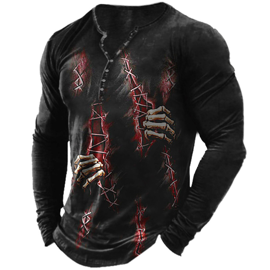 

Men's Vintage 3D Skull Print Henley Collar Long Sleeve T-Shirt