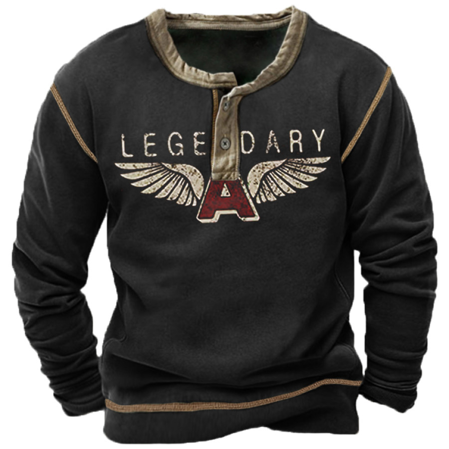 

Men's Outdoor Legendary Wings Letter Print Henley Sweatshirt