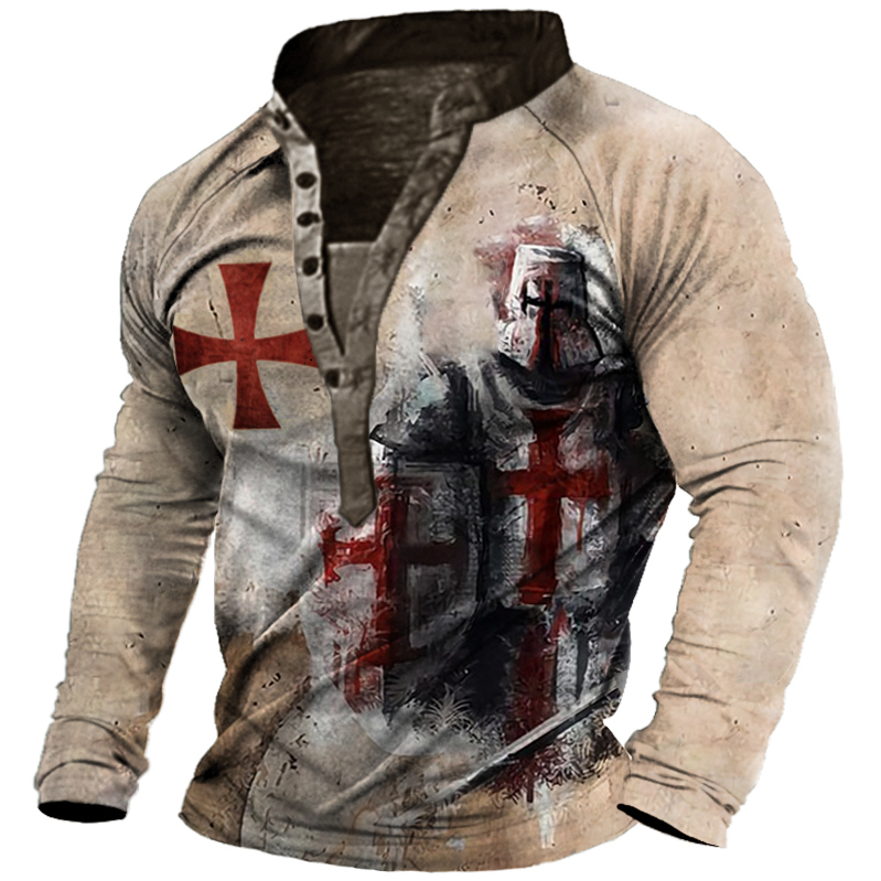 Men's Vintage Templar Cross Chic Long Sleeve Henley T-shirt