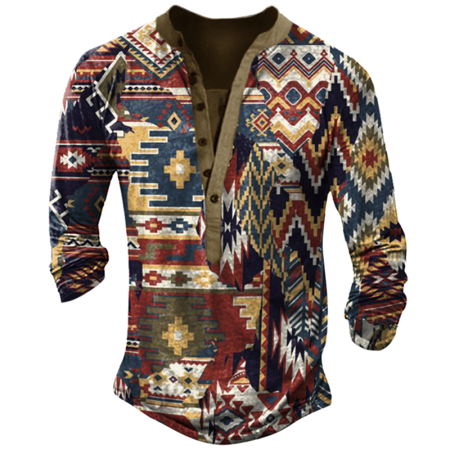 

Men's Outdoor Western Ethnic Pattern Tactical Long Sleeve Henley T-Shirt