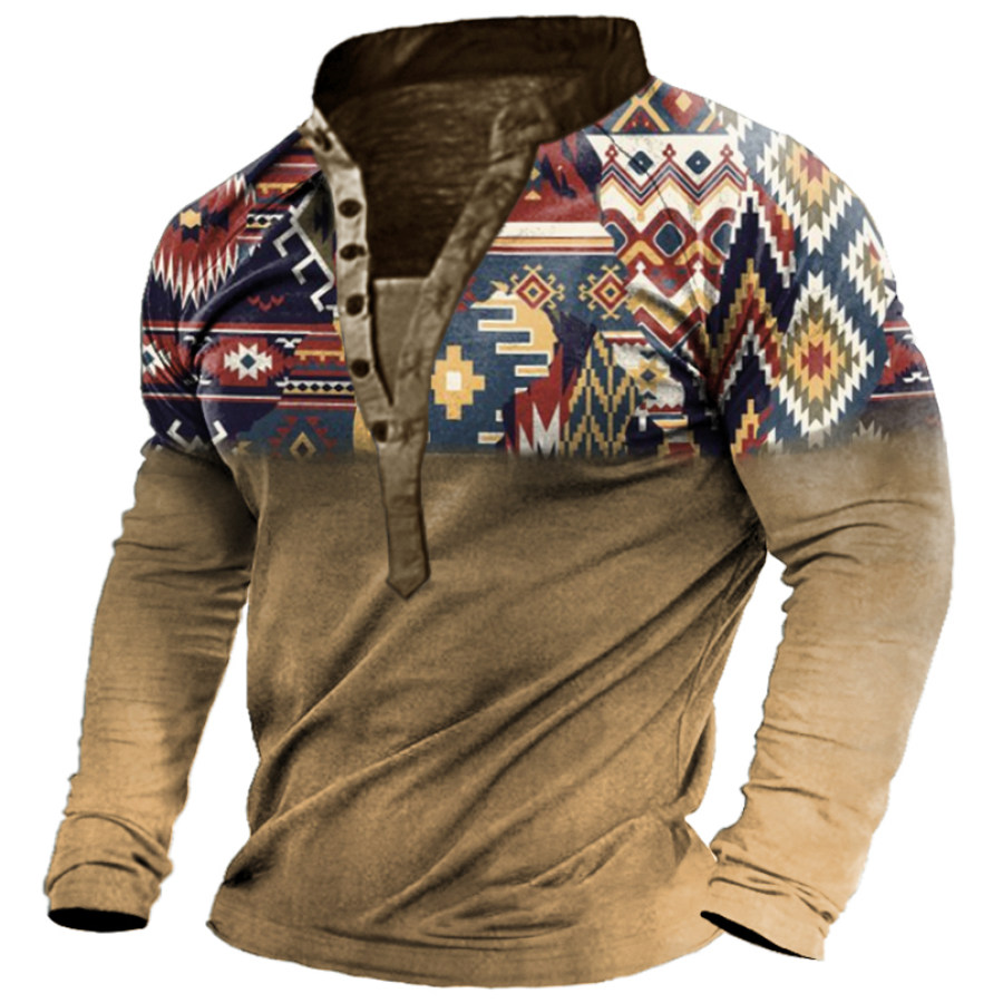 

Men's Outdoor Western Ethnic Pattern Long Sleeve Henley T-Shirt