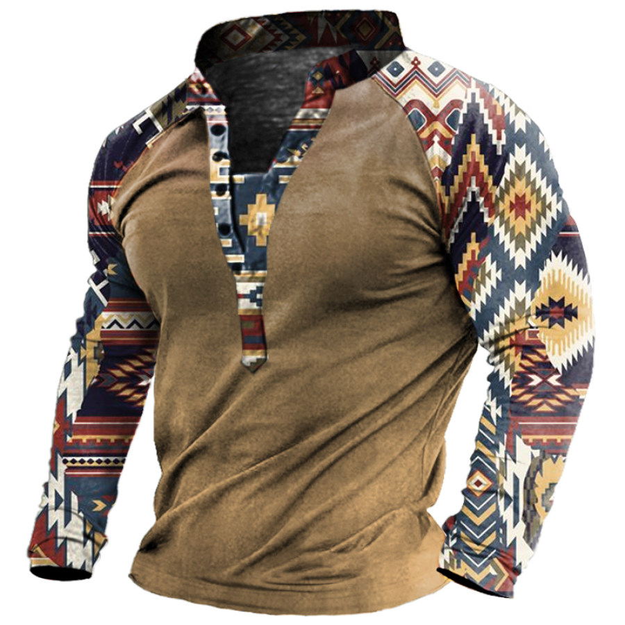 

Men's Outdoor Western Ethnic Pattern Long Sleeve Henley T-Shirt