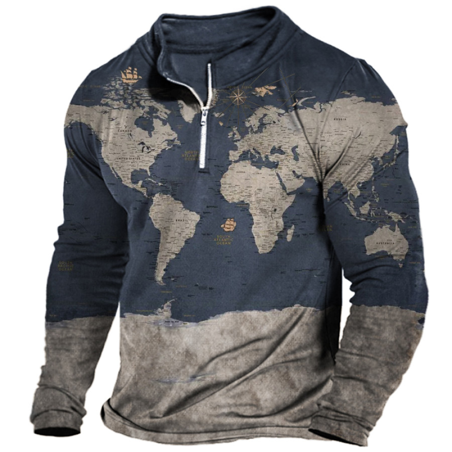 

Men's World Map Nautical Travel Graphic Zip Collar T Shirt