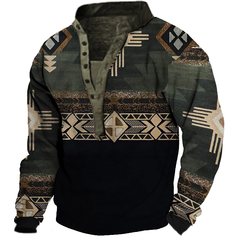 Men's Ethnic Print Henley Collar Chic Sweatshirt