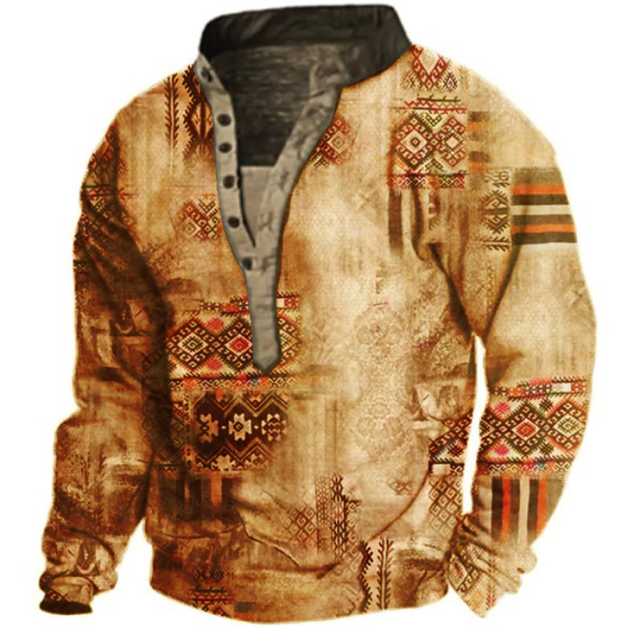 

Men's Ethnic Print Henley Collar Sweatshirt