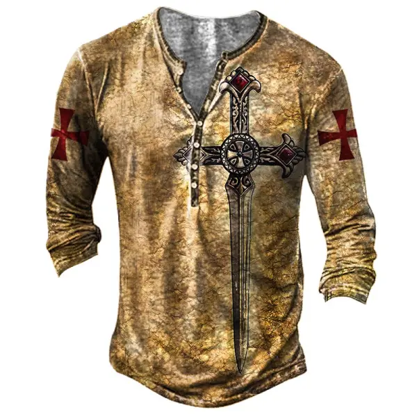 Men's Vintage Templar Sword Henley Long Sleeve T-Shirt - Chrisitina.com 