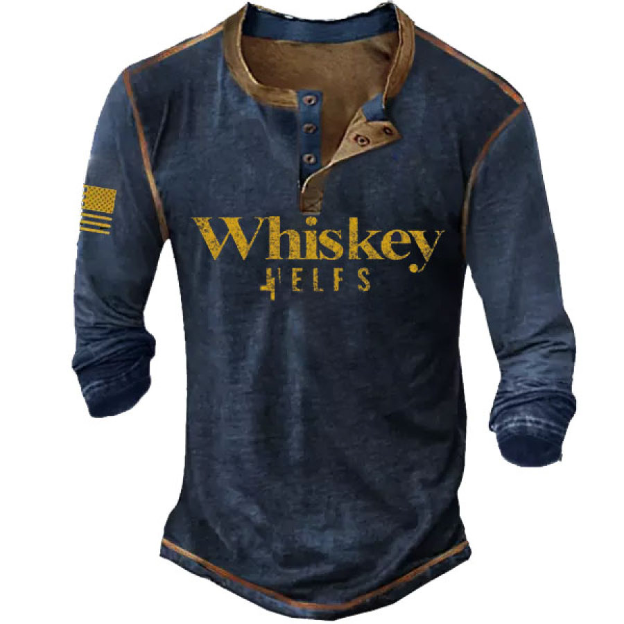 

Men's Vintage Whiskey American Flag Print Long Sleeve Henley T-Shirt