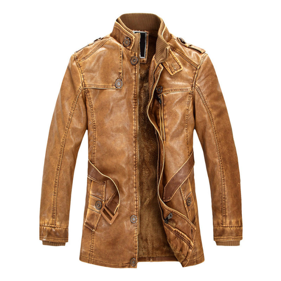 

Men's Vintage Washed Stand Collar PU Leather Mid Length Biker Leather Jacket